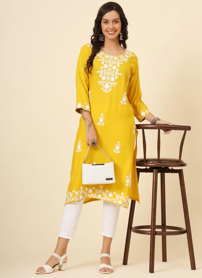 Rayon Yellow Casual Wear Lucknowi Chikankari Work Readymade Kurti